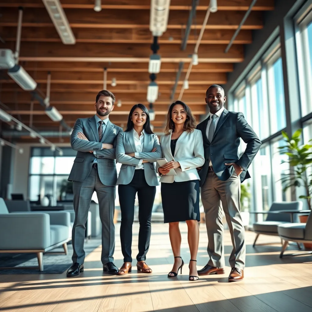 Create a photorealistic, ultra-high-quality image for a business consulting website header. The image should feature a diverse group of professionals, three to five people, standing confidently in a modern, open office space. The lighting should be natural and bright, streaming through large windows, casting soft shadows. The color palette should be sophisticated and professional, with a mix of cool blues, calming greens, and warm wood tones. The camera angle should be slightly elevated, creating a dynamic perspective that captures the team's energy and professionalism. The office should be filled with sleek furniture and modern technology, showcasing a tech-savvy and innovative environment.  The image should exude confidence, competence, and a focus on collaborative problem-solving.  Use a style reminiscent of high-end corporate photography, with a focus on sharp detail and realistic textures. The resolution should be 8K, achieving a hyperrealistic level of detail and clarity. Incorporate subtle motion blur in the background to suggest a sense of movement and progress., ultra high resolution, photorealistic, 8K, hyperdetailed, cinematic lighting